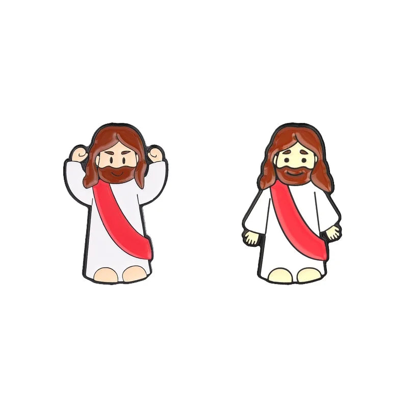An enamel lapel pin depicting Jesus with long brown hair wearing a white garment and a red sash.