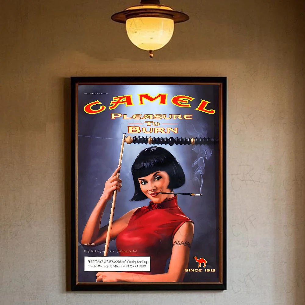 Vintage poster featuring a woman smoking camel cigarettes with a pipe against a dark background.
