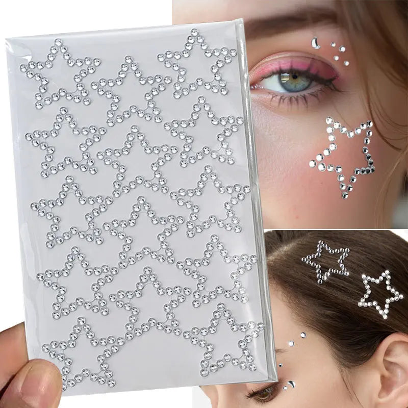 A clear sheet of glitter gems used for stick-on facial tattoos applied to a woman's eye and cheek.