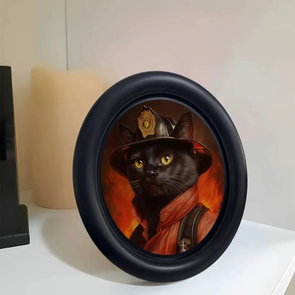 A black wooden photo frame featuring a Renaissance portrait of a cat with golden accents.