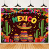 A vibrant Mexican fiesta photo backdrop featuring a sombrero, guitar, and colorful cacti and pottery.