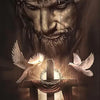 A dramatic painting of Jesus Christ with a crown of thorns, featuring a lion's head and warrior imagery.