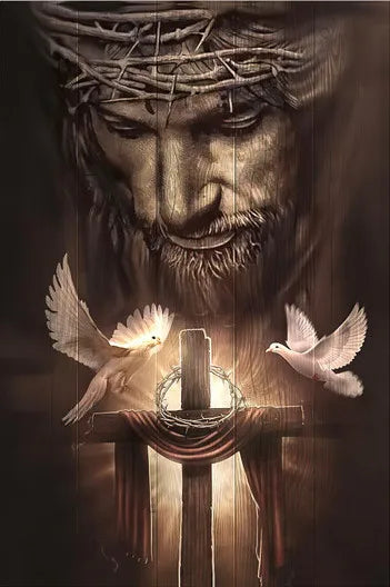 A dramatic painting of Jesus Christ with a crown of thorns, featuring a lion's head and warrior imagery.