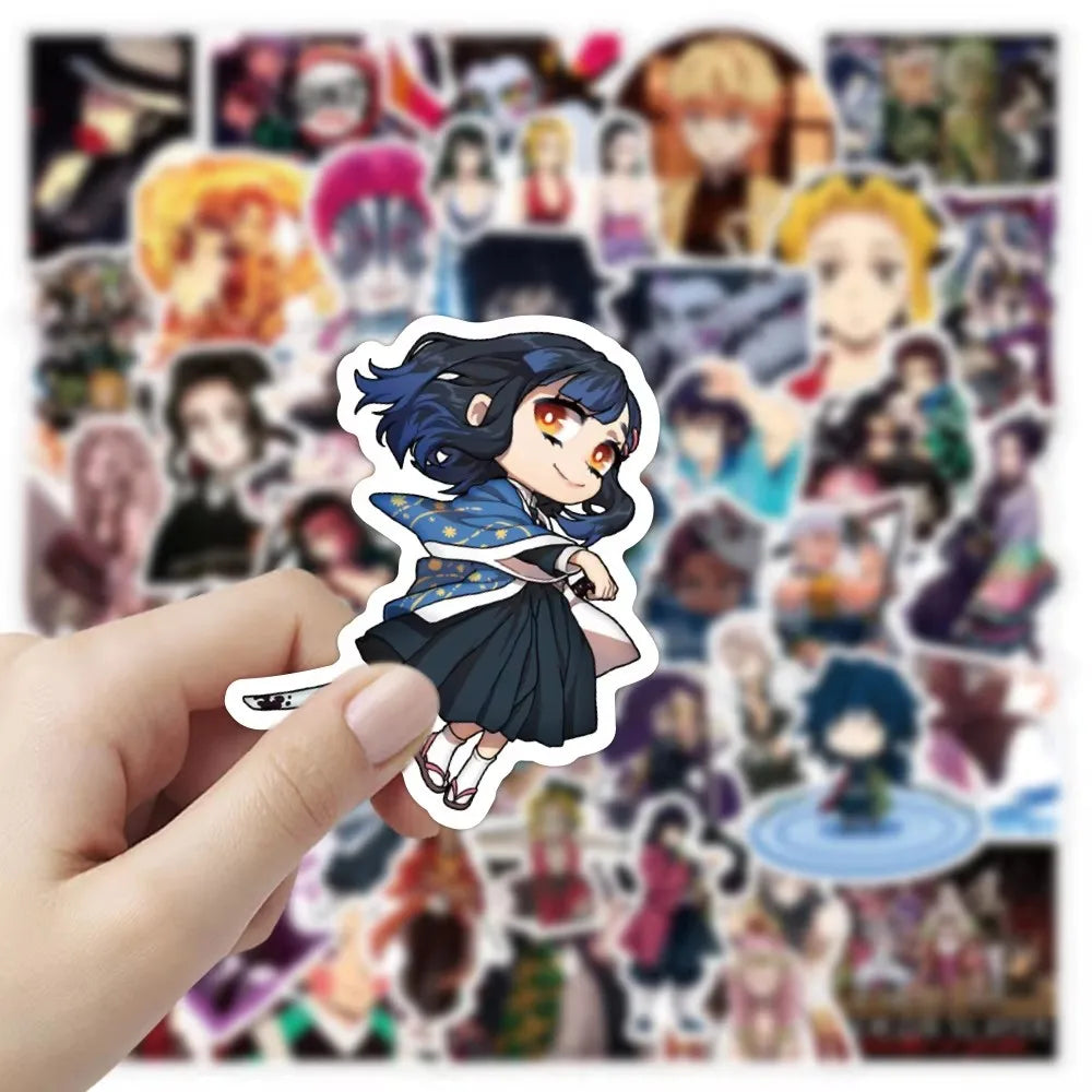 A hand holds a pack of anime demon slayer vinyl stickers featuring various characters and scenes.