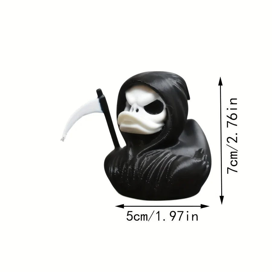 A black 3D printed statue of a Grim Reaper duck with a hood and scythe, shown from the side.
