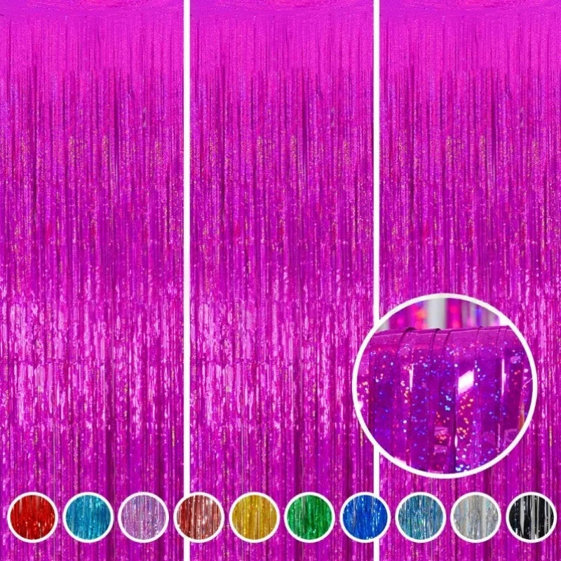 A vibrant purple metallic foil tinsel fringe backdrop set with various colored strips.