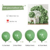 A set of 104 balloons in various shades of green, including a balloon chain and glue dots, used to create an arch decoration.