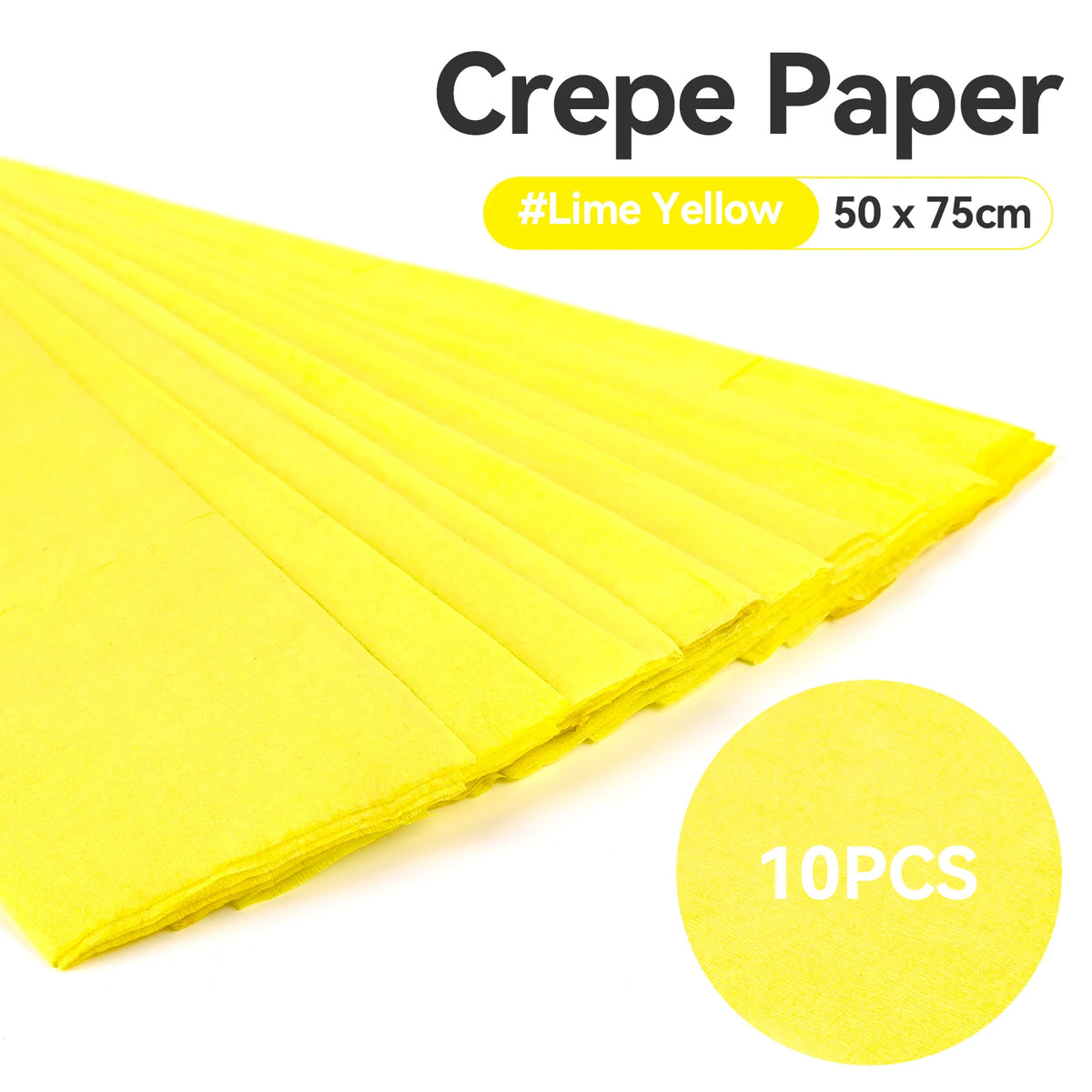 A stack of bright lime yellow crepe paper sheets, packaged as a 10-piece set.