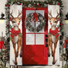 Festive Christmas door banner featuring deer graphics and holiday greenery on a red door.