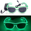 Pair of clear party glasses with green LED lights and a black strap, shown in two views.