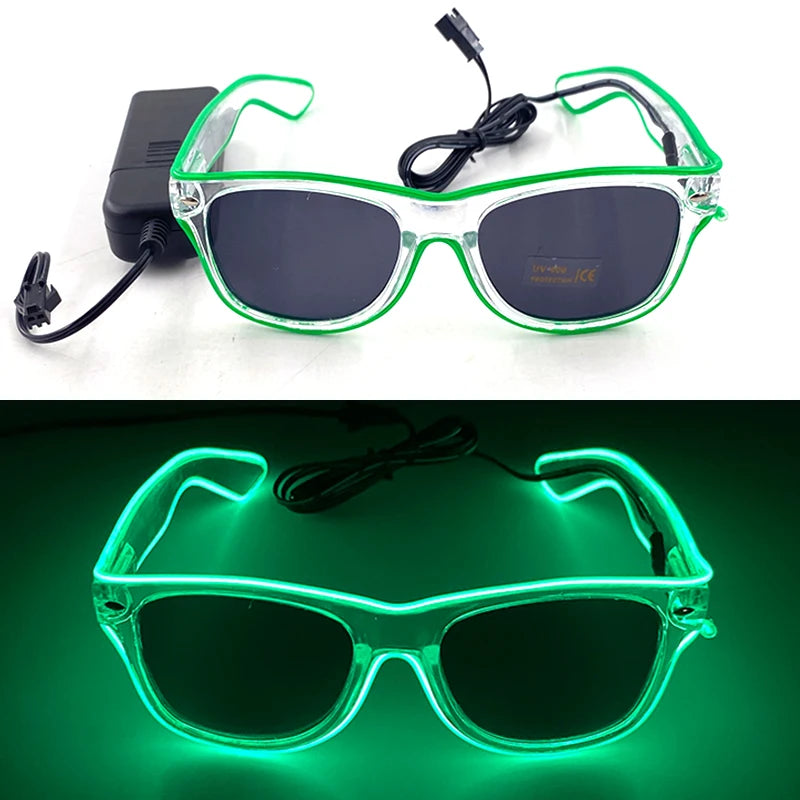 Pair of clear party glasses with green LED lights and a black strap, shown in two views.