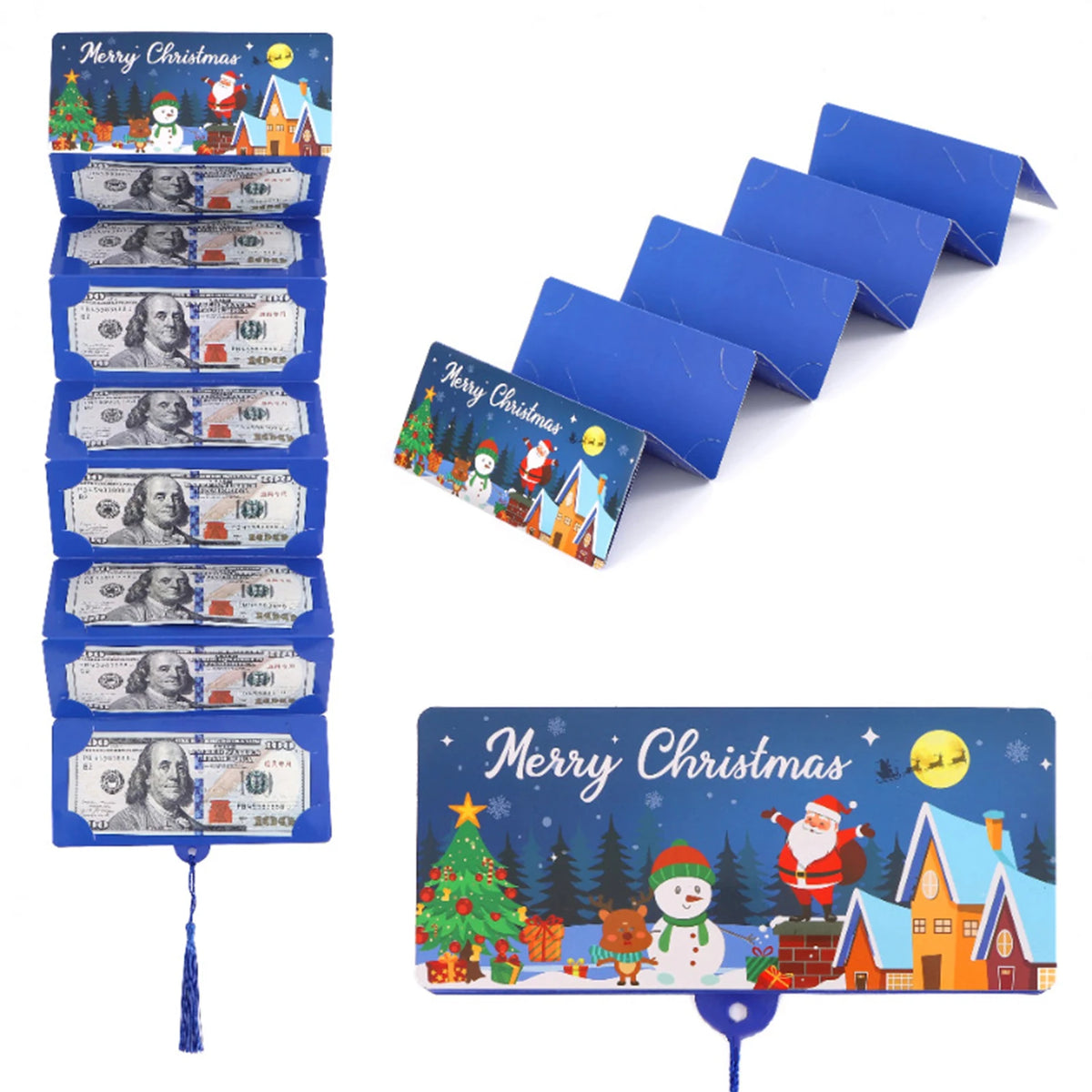 A set of ten blue and green festive cash gift boxes shaped like Santa Claus money holders for Christmas gifts.