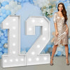 A large white light-up marquee number 12 sign displayed against a blue and white balloon backdrop with a woman standing besid