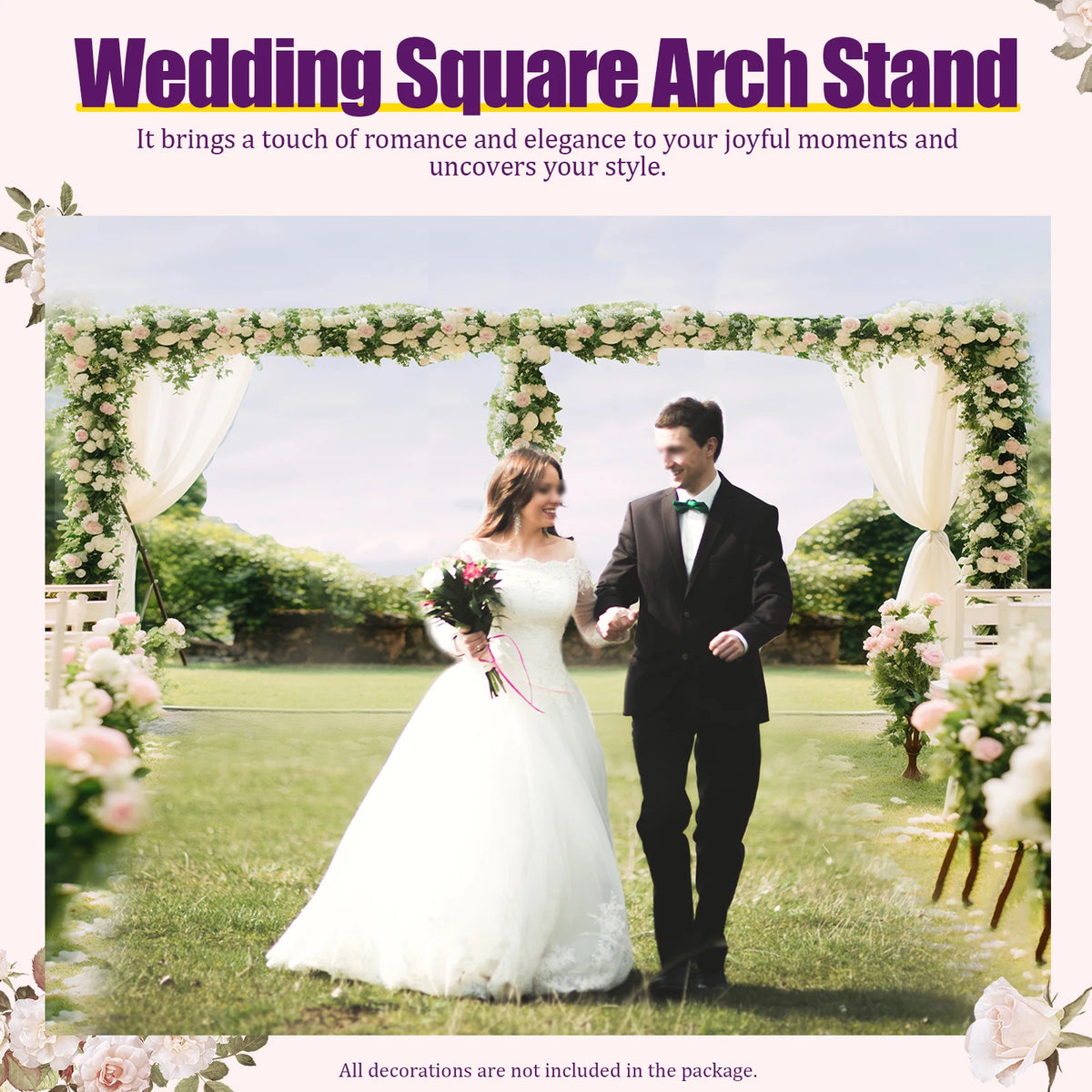 A bride and groom stand under a floral wedding arch stand outdoors in a garden setting.