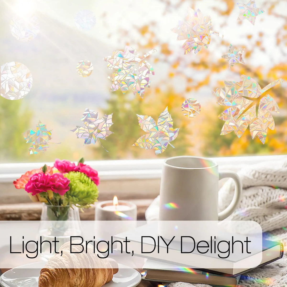 A bright window view featuring holographic film effects on leaves and a mug, suggesting light and DIY delight.