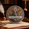 A commemorative coin featuring the Archangel Michael as a guardian angel, set against a dark background.