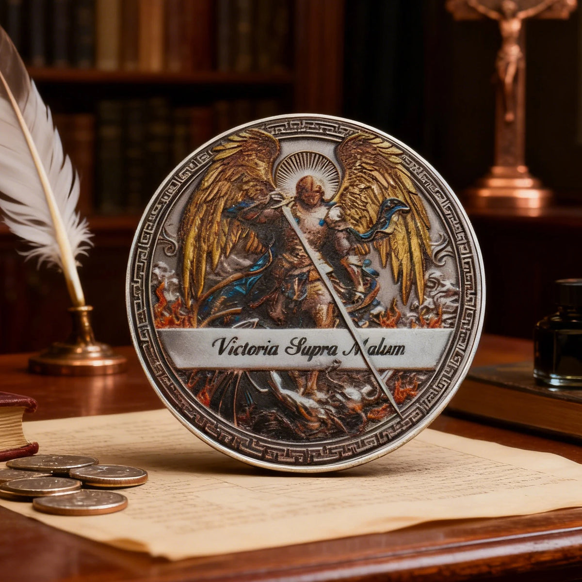 A commemorative coin featuring the Archangel Michael as a guardian angel, set against a dark background.