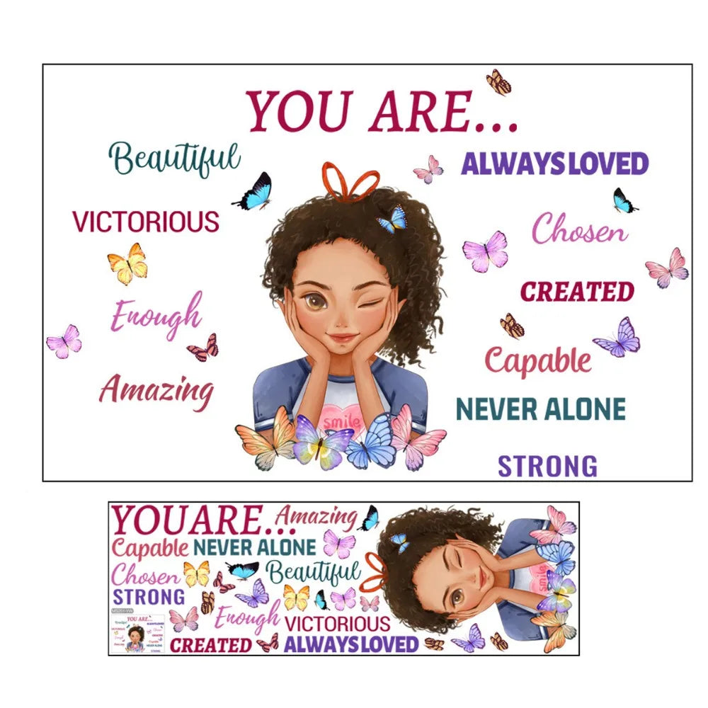 A colorful graphic featuring text like You Are Beautiful Chosen Created Always Loved Amazing Victorious Capable Never Alone a