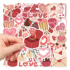 A hand holds a sheet of pink and red love-themed decorative stickers featuring hearts, roses, and other romantic elements.