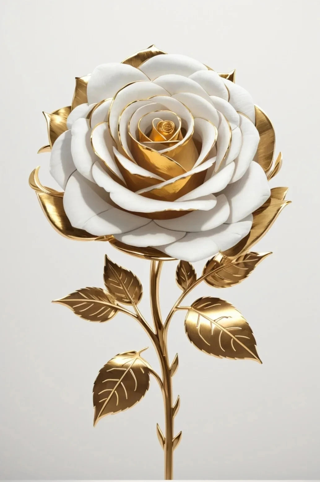Una realista rosa dorada y blanca con hojas verdes montada en una exhibición de arte en la pared.
