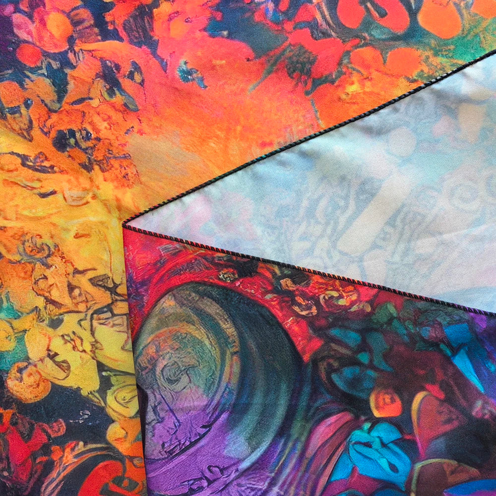 A vibrant tapestry featuring abstract, fiery colors and dark imagery.