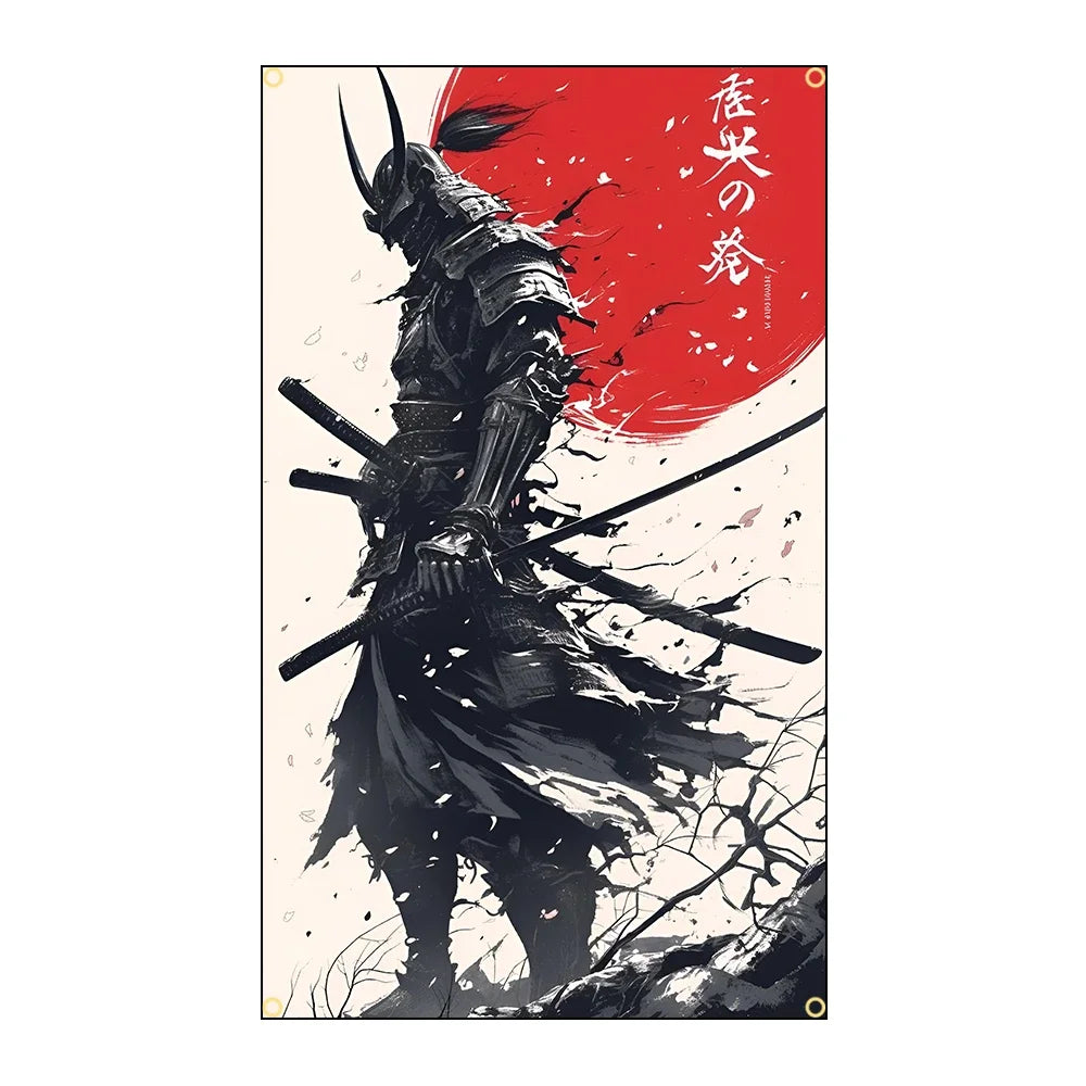 A dramatic illustration of a samurai warrior in dark armor wielding swords against a red sun background.