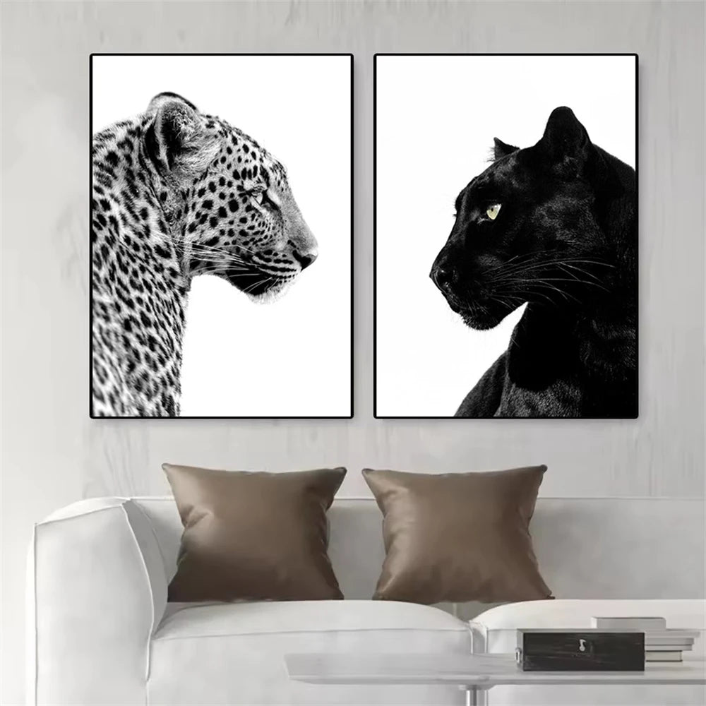 Black and White Leopard and Panther Canvas Wall Art Set
