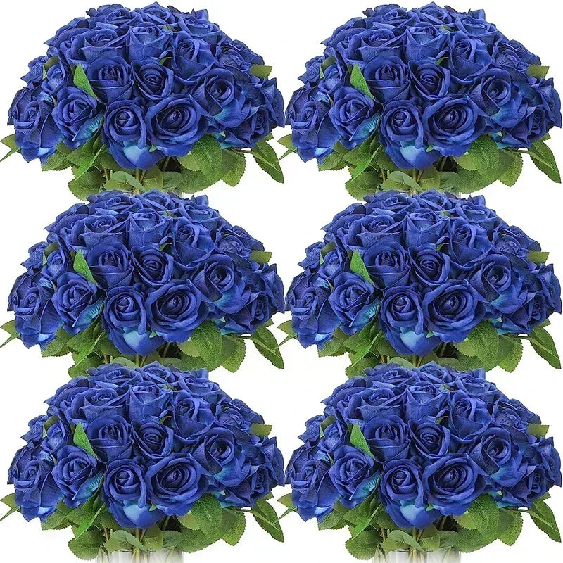 A bouquet of deep blue artificial silk roses arranged for table decor.