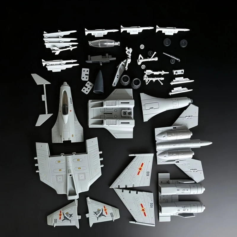 A collection of white J-15 fighter jet building blocks and models displayed against a dark background.