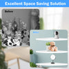 Comparison showing before and after using a wall-mounted corner shelf for space saving