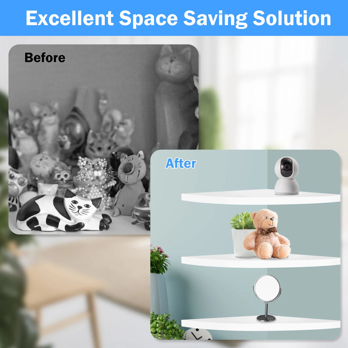 Comparison showing before and after using a wall-mounted corner shelf for space saving