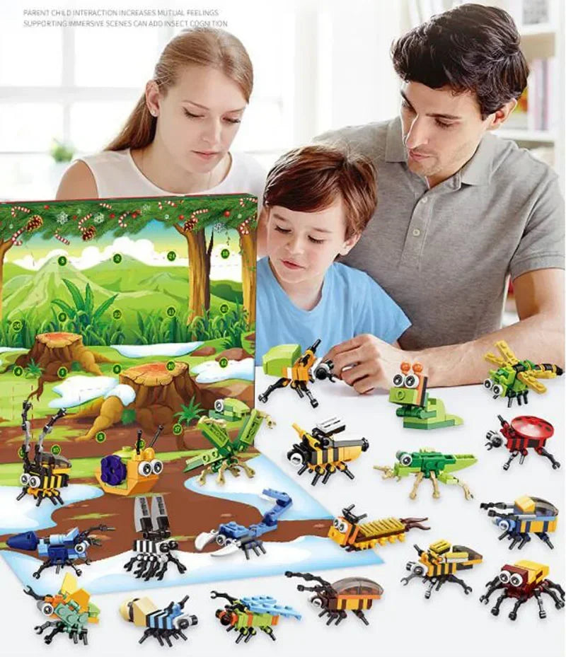 A family is shown interacting with building blocks shaped like jungle animals for a Christmas advent calendar.