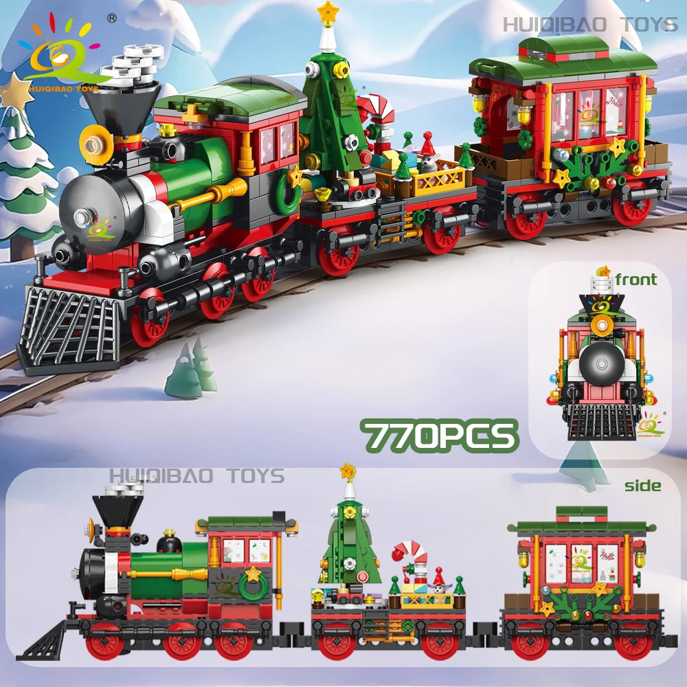 A set of building blocks featuring Santa, a Christmas tree, and train models.