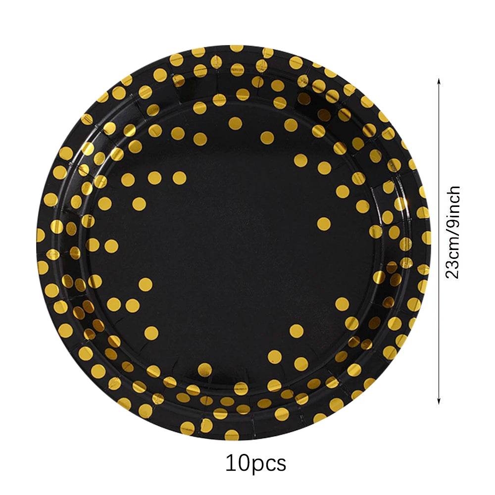 A black disposable dinner plate rimmed with gold polka dots, shown from above.