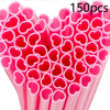 A close-up view of 150 pink heart-shaped disposable straws packaged together.