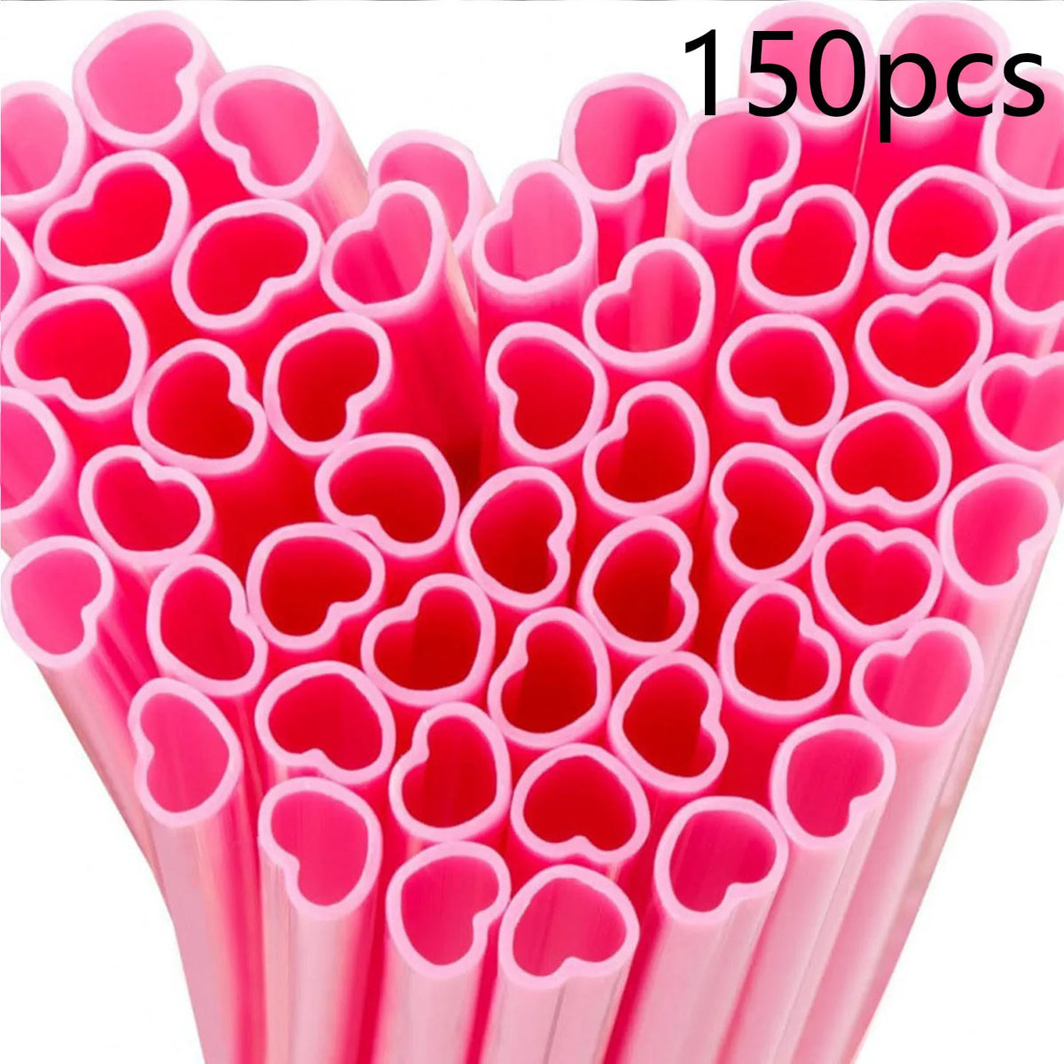 A close-up view of 150 pink heart-shaped disposable straws packaged together.
