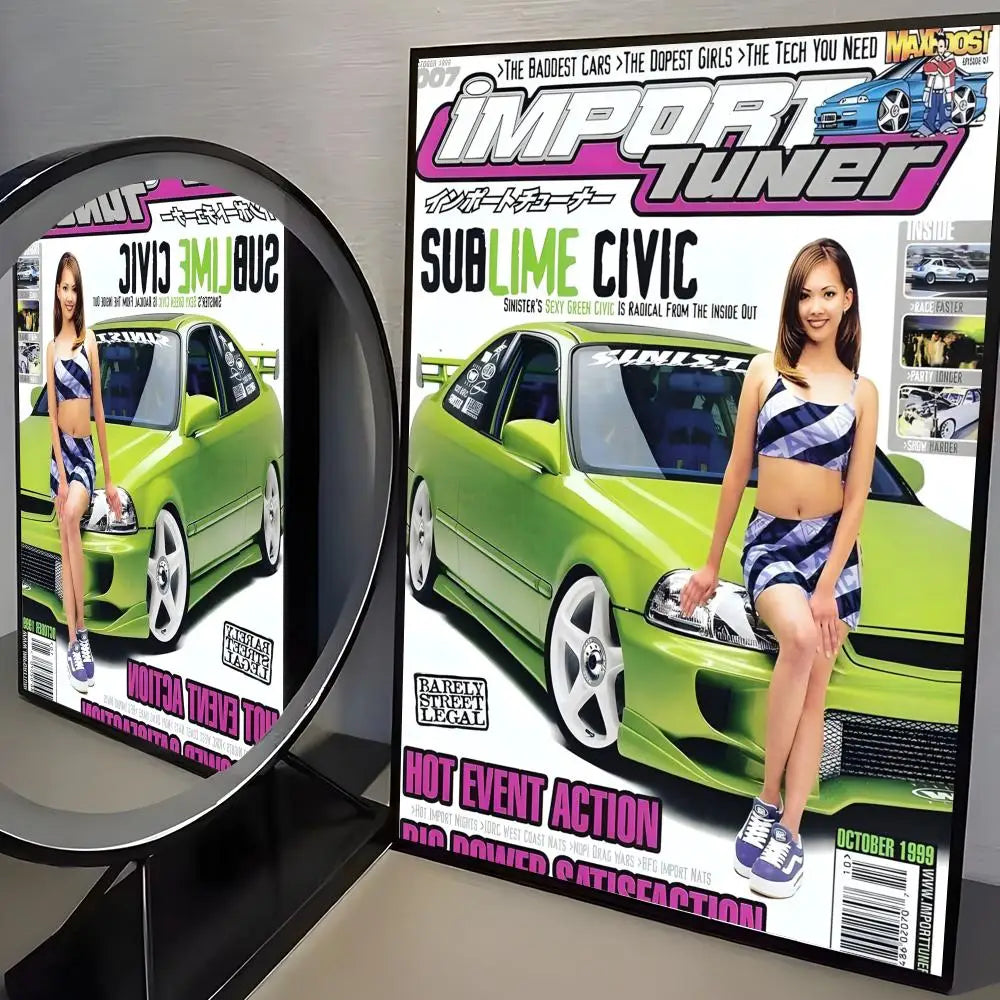 A canvas poster featuring a green Nissan Civic car and text related to import tuning.