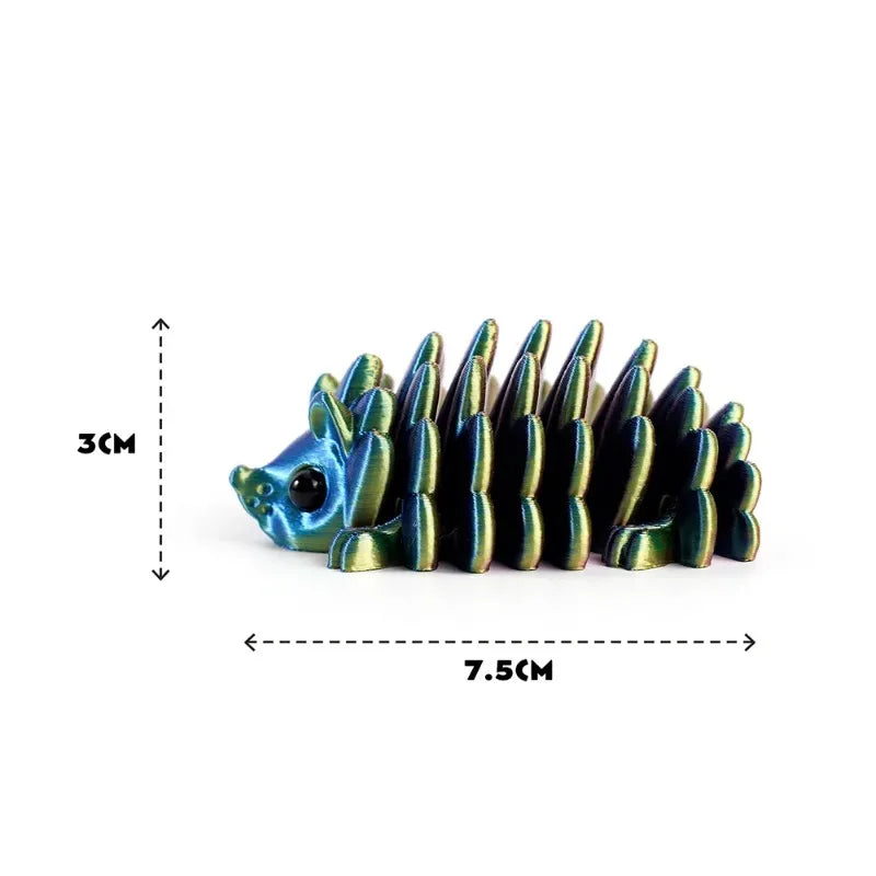 A row of dark teal articulated 3D printed hedgehog figurines shown with a scale marker.
