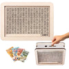 A wooden money saving box with a grid tracker for coins and bills, showing various denominations.