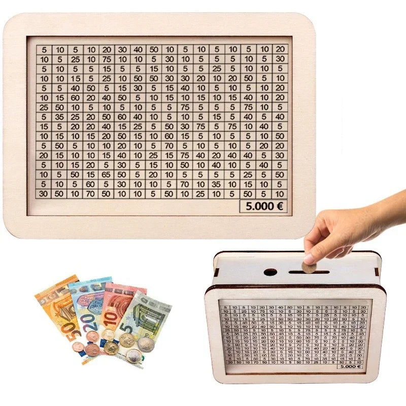 A wooden money saving box with a grid tracker for coins and bills, showing various denominations.