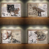 A set of four vintage-style illustrations featuring various dinosaurs, including a T-Rex, displayed on aged paper against a w