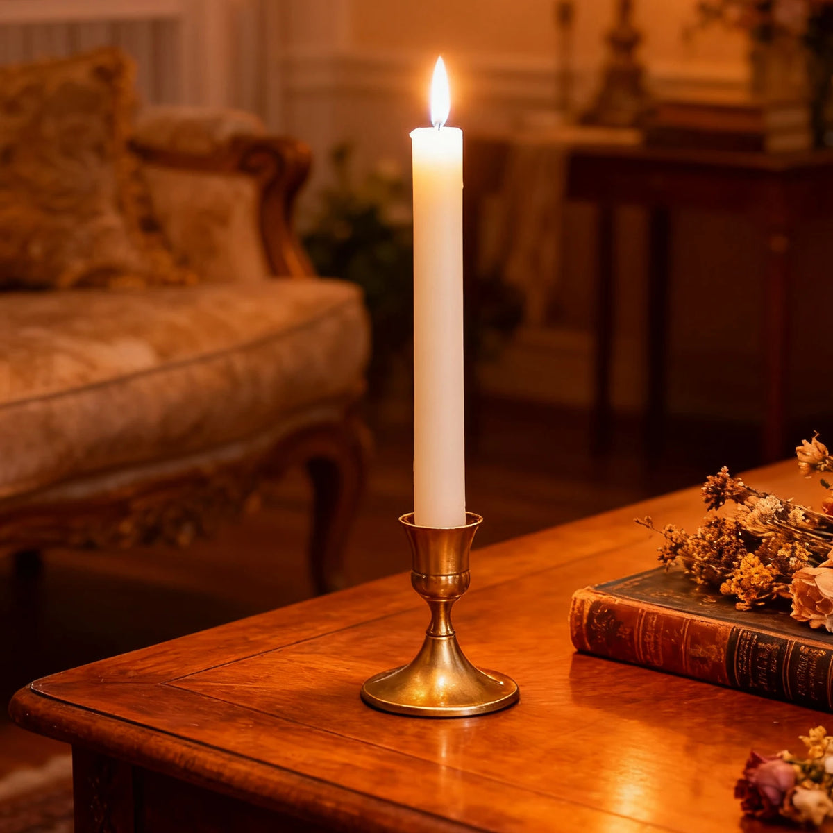A tall white candle in a brass candlestick holder sits on a wooden table next to an old book.