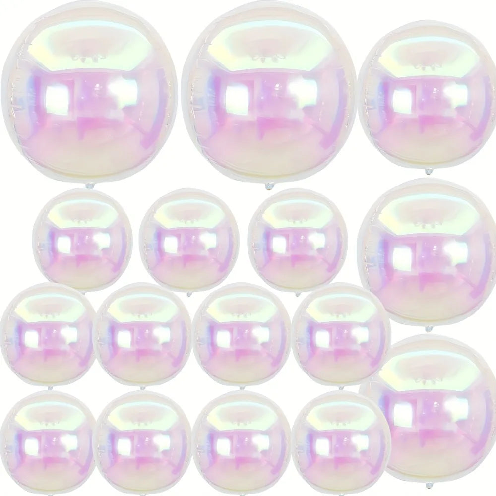 A pack of ten iridescent metallic rainbow foil balloons reflecting light.