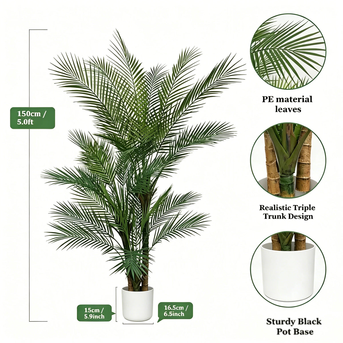 Artificial triple trunk palm tree with PE material leaves and a sturdy black pot base