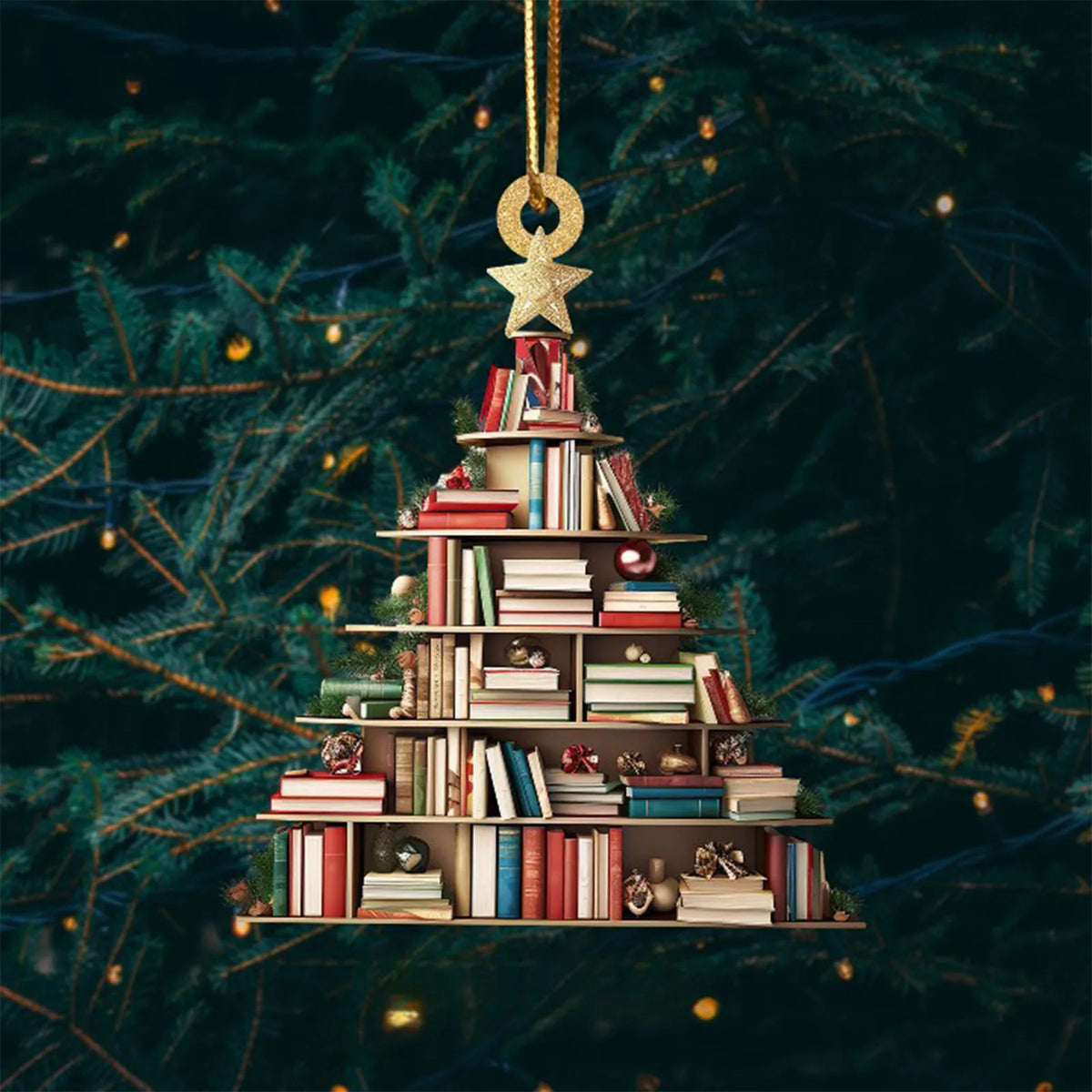Arbre à livres décoratif en acrylique avec des livres empilés et une étoile dorée en haut.