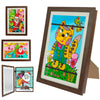 A large wooden picture frame displaying a colorful illustration of an orange tabby cat wearing a green shirt and festive deco