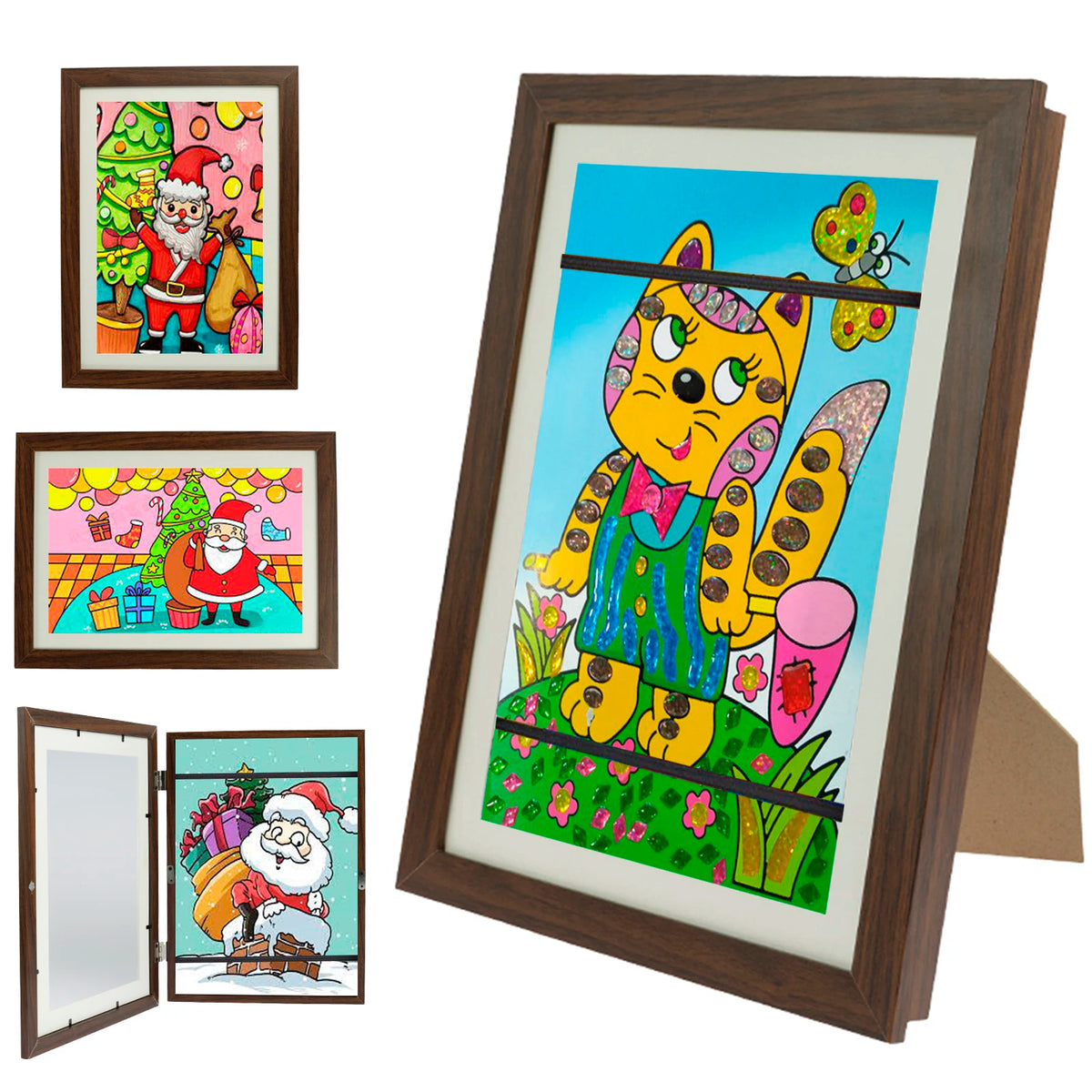 A large wooden picture frame displaying a colorful illustration of an orange tabby cat wearing a green shirt and festive deco