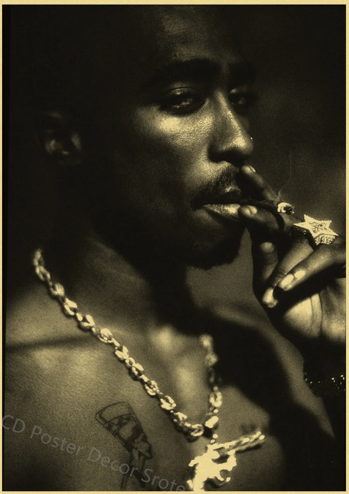 A close-up black and white portrait of a man smoking, wearing a gold chain necklace.