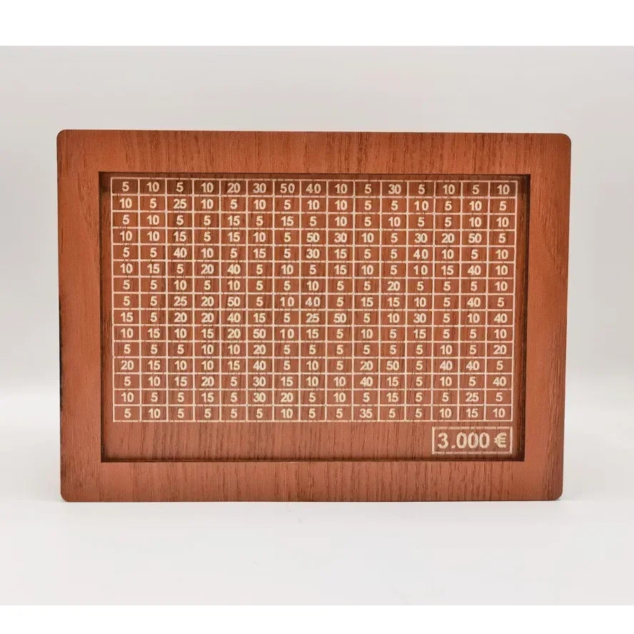 A wooden money saving box with a grid tracker showing various amounts for saving goals.