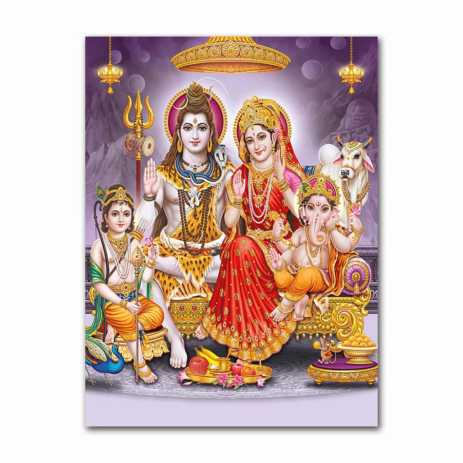 Golden Ganesha canvas art print featuring Lord Shiva and Goddess Parvati.